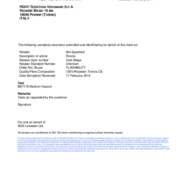 roccia - flammability BS 7176 MH 1021 1 2 crib 5